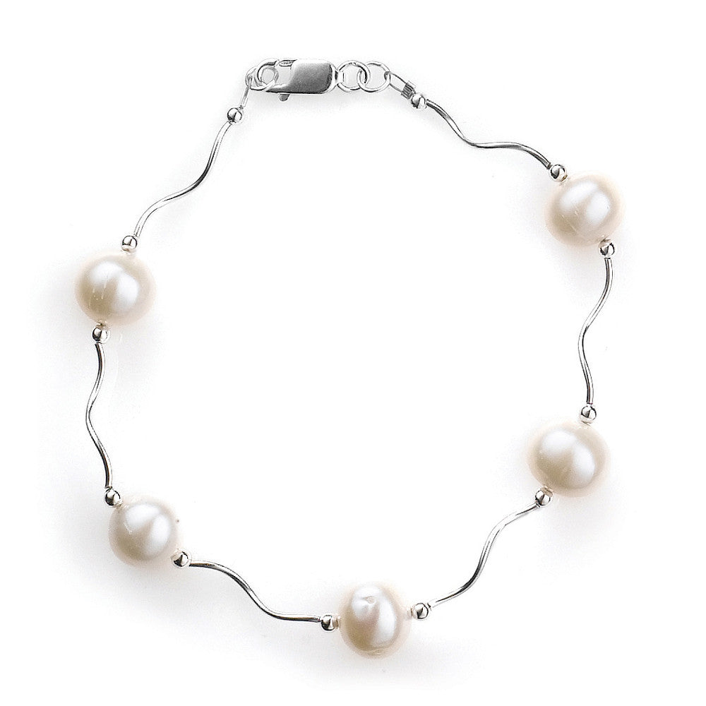 B005089 - Wavy Sterling Silver and White Pearl Bracelet