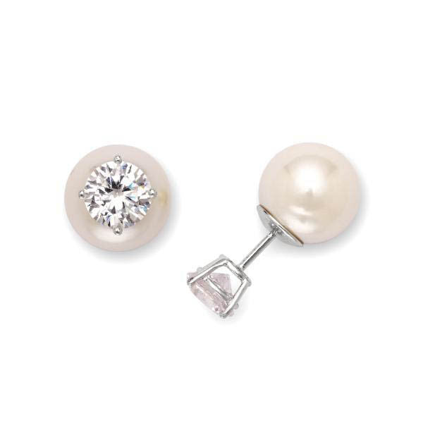 E028083 - Cubic Zirconia Stud Earrings with White Pearl Backing