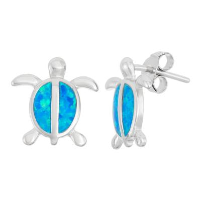 E028099 - Sterling Silver and Blue Inlay Opal Turtle Earrings