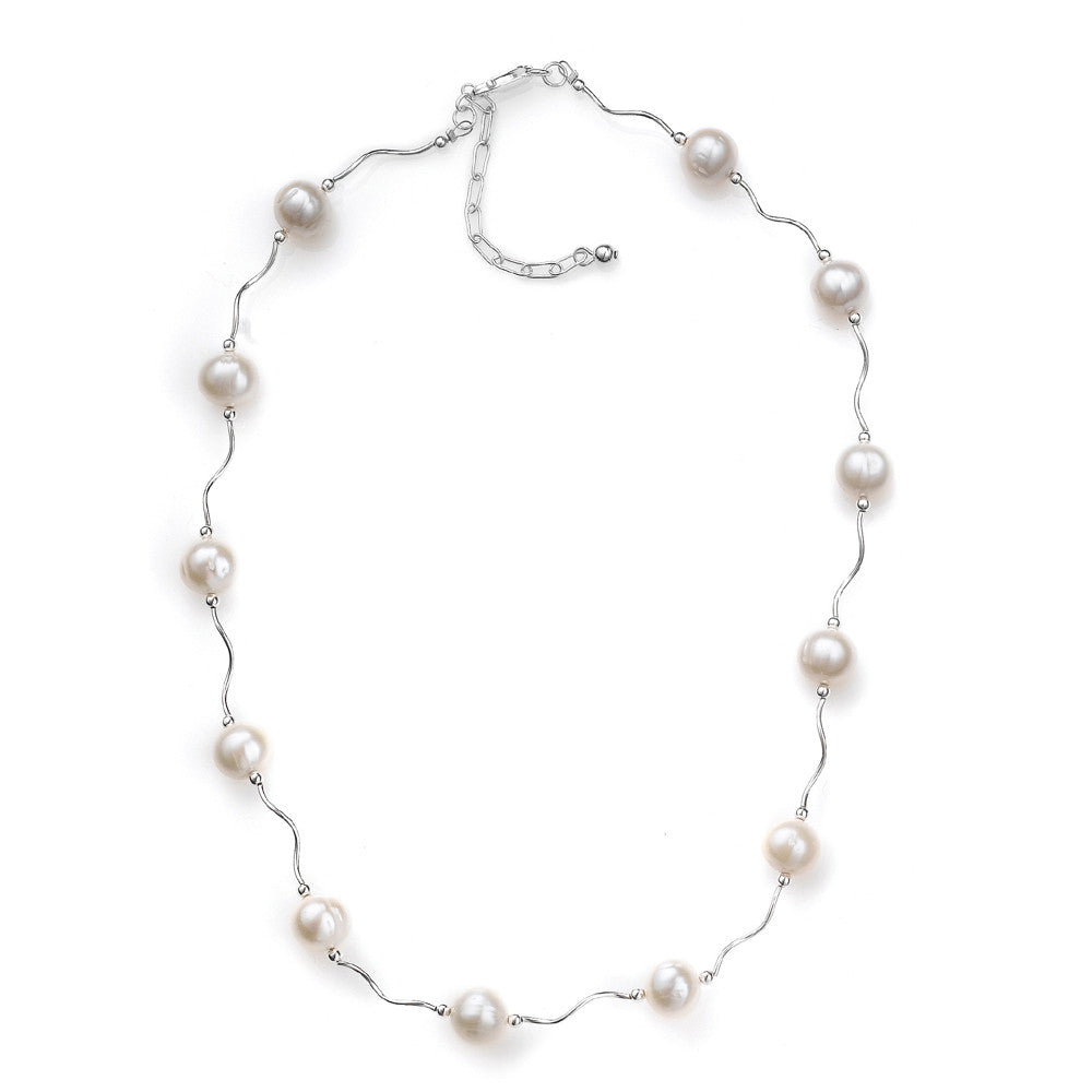 N005145 - White Pearl and Wavy Sterling Silver Necklace