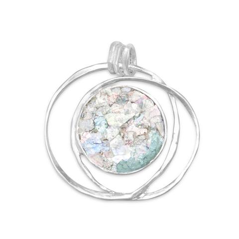 N005305^ - Round Roman Glass and Sterling Silver Wire Necklace