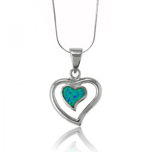 N028075 - Inlay Blue Opal and Sterling Silver Heart Necklace