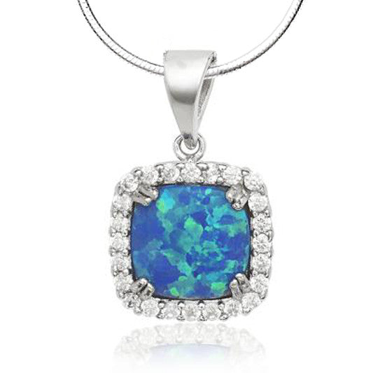N028105 - Blue Square Inlay Opal, CZ and Sterling Silver Necklace