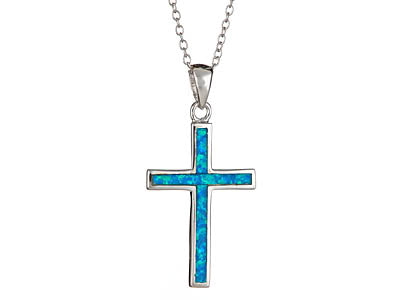 N059011 - Sterling Silver and Blue Opal Cross Necklace